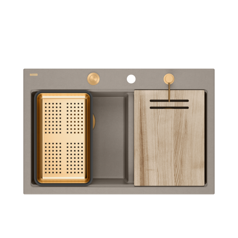 Zlewozmywak granitowy MARC 120 WORKSTATION – dwukomorowy, wpuszczany, soft taupe/elementy miedziane + AKCESORIA, Quadron