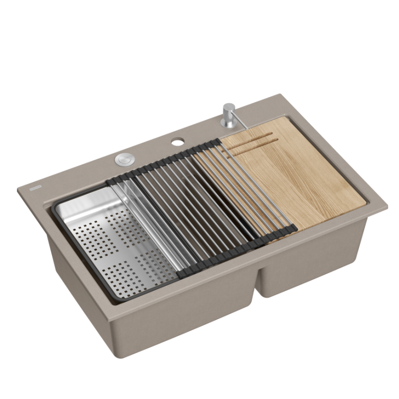Zlewozmywak granitowy MARC 120 WORKSTATION – dwukomorowy, wpuszczany, soft taupe/elementy stalowe + AKCESORIA, Quadron