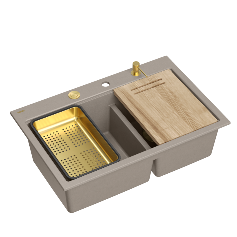 Zlewozmywak granitowy MARC 120 WORKSTATION – dwukomorowy, wpuszczany, soft taupe/elementy złote + AKCESORIA, Quadron