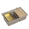 Zlewozmywak granitowy MARC 120 WORKSTATION – dwukomorowy, wpuszczany, soft taupe/elementy złote + AKCESORIA, Quadron