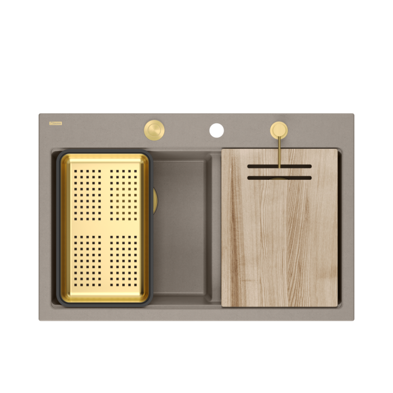 Zlewozmywak granitowy MARC 120 WORKSTATION – dwukomorowy, wpuszczany, soft taupe/elementy złote + AKCESORIA, Quadron