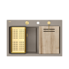 Zlewozmywak granitowy MARC 120 WORKSTATION – dwukomorowy, wpuszczany, soft taupe/elementy złote + AKCESORIA, Quadron
