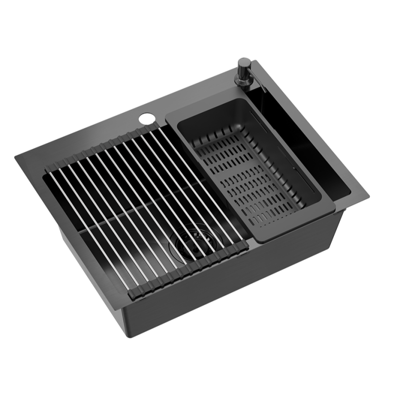Zlewozmywak stalowy LUKE 110 WORKSTATION – jednokomorowy, wpuszczany, stal black metal/elementy black metal + AKCESORIA, Quadron