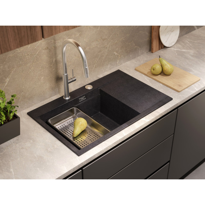 JOSH 111 GraniteQ zlewozmywak 1-komorowy z/o (780x500x215) black diamond  + syfon push 2 open + deska + wkładka/ elementy stalowe