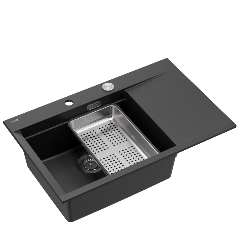 JOSH 111 GraniteQ zlewozmywak 1-komorowy z/o (780x500x215) pure carbon  + syfon push 2 open + deska + wkładka/ elementy stalowe