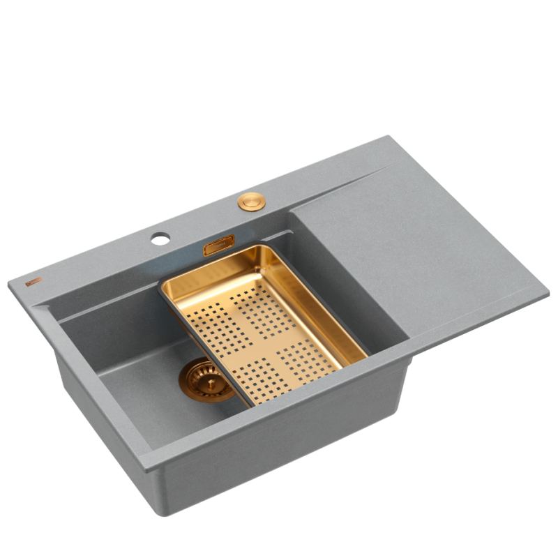 JOSH 111 GraniteQ zlewozmywak 1-komorowy z/o (780x500x215) silver stone  + syfon push 2 open + deska + wkładka/ elementy miedziane
