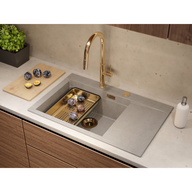 JOSH 111 GraniteQ zlewozmywak 1-komorowy z/o (780x500x215) silver stone  + syfon push 2 open + deska + wkładka/ elementy miedziane