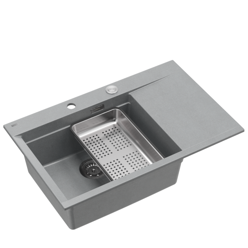 JOSH 111 GraniteQ zlewozmywak 1-komorowy z/o (780x500x215) silver stone  + syfon push 2 open + deska + wkładka/ elementy stalowe