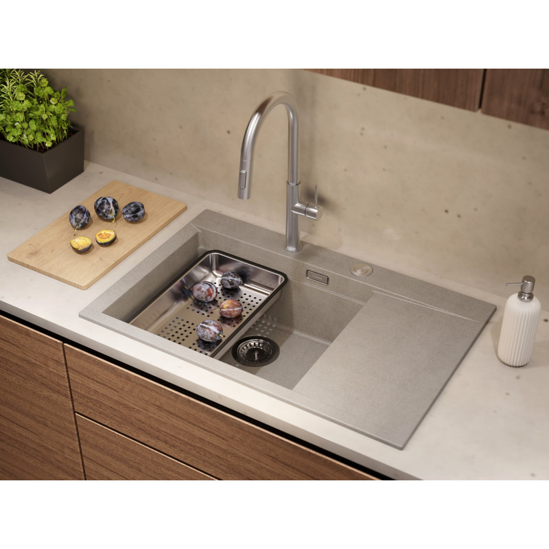 JOSH 111 GraniteQ zlewozmywak 1-komorowy z/o (780x500x215) silver stone  + syfon push 2 open + deska + wkładka/ elementy stalowe