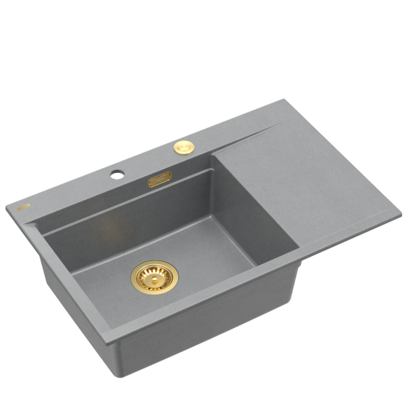 JOSH 111 GraniteQ zlewozmywak 1-komorowy z/o (780x500x215) silver stone  + syfon push 2 open + deska + wkładka/ elementy złote