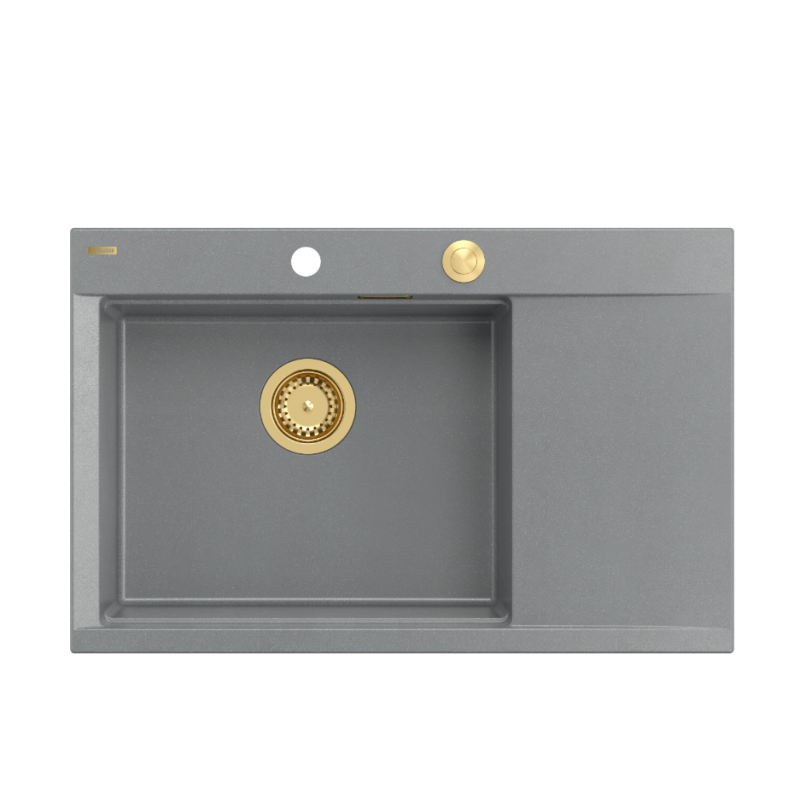 JOSH 111 GraniteQ zlewozmywak 1-komorowy z/o (780x500x215) silver stone  + syfon push 2 open + deska + wkładka/ elementy złote