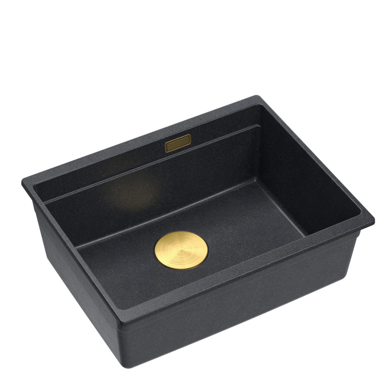 Zlewozmywak granitowy LOGAN 100 - jednokomorowy, podwieszany, black diamond/elementy złote, Quadron + ZESTAW 2 NOŻY FISKARS