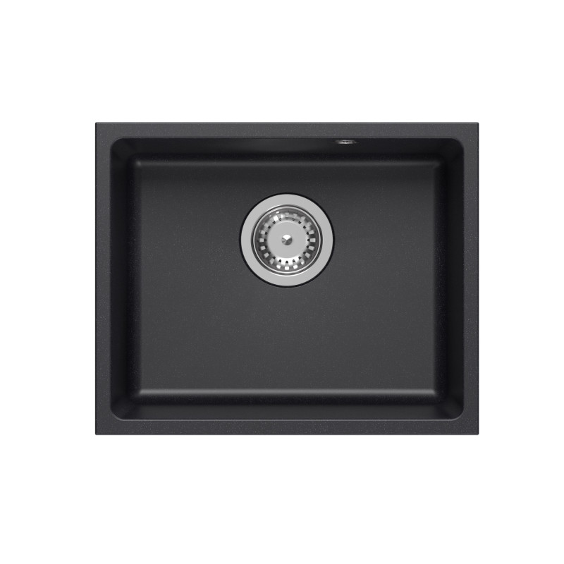 Zlewozmywak granitowy ALEC 40 – jednokomorowy, podwieszany, black dotted/elementy stalowe, Quadron