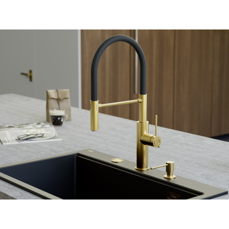 GEMMA Q LINE SteelQ bateria kuchenna z ruchomą wylewką Nano PVD gold (złota), czarny wąż