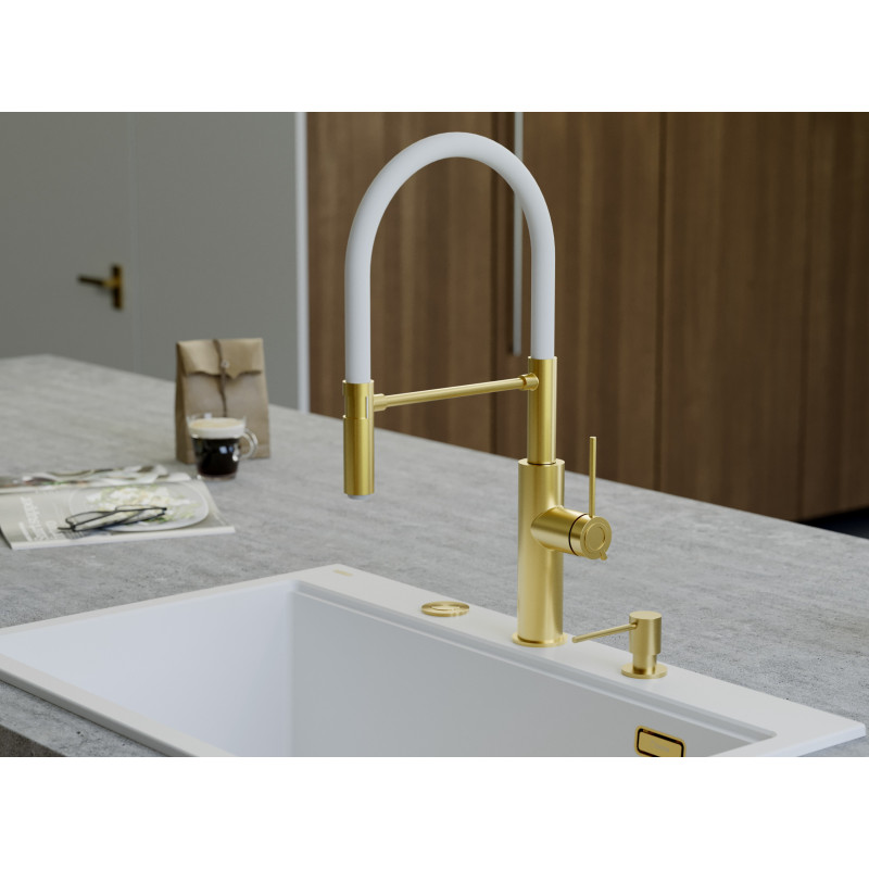 GEMMA Q LINE SteelQ bateria kuchenna z ruchomą wylewką Nano PVD gold (złota), biały wąż