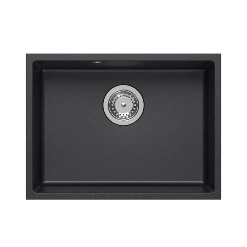 Zlewozmywak granitowy ALEC 50 – jednokomorowy, podwieszany, black dotted/elementy stalowe, Quadron