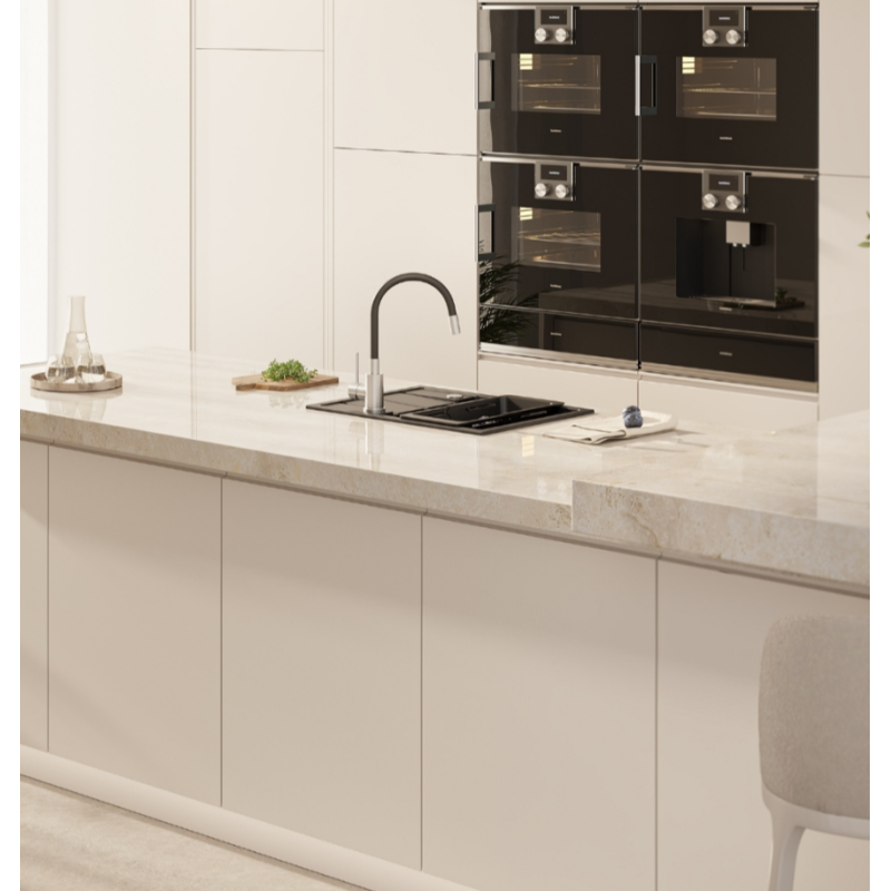 MIKE 116 zlewozmywak granitowy czarny 1-komorowy z/o (56x44x17,5) + bateria z elastyczną wylewką + syfon + zaslepka+wkładka czarna rozsuwana