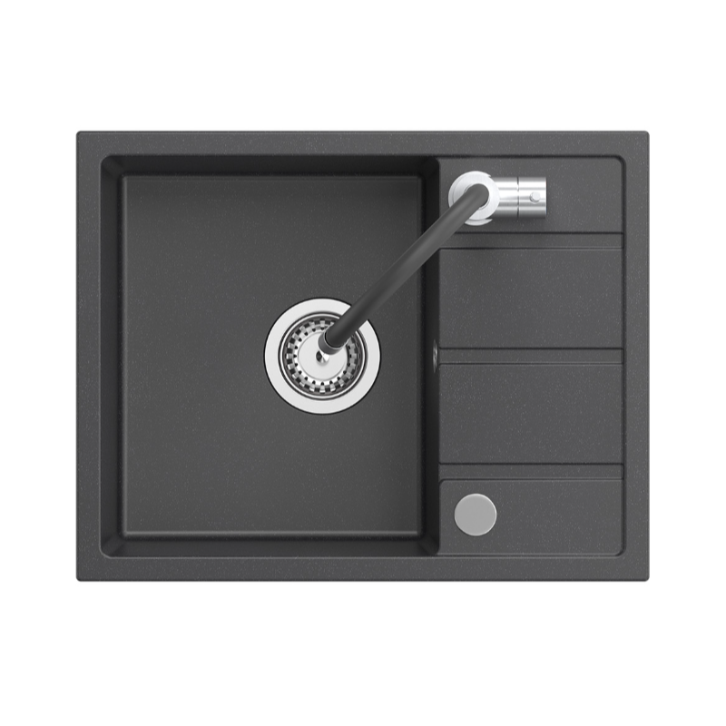 MIKE 116 zlewozmywak granitowy czarny 1-komorowy z/o (56x44x17,5) + bateria z elastyczną wylewką + syfon + zaslepka+wkładka czarna rozsuwana