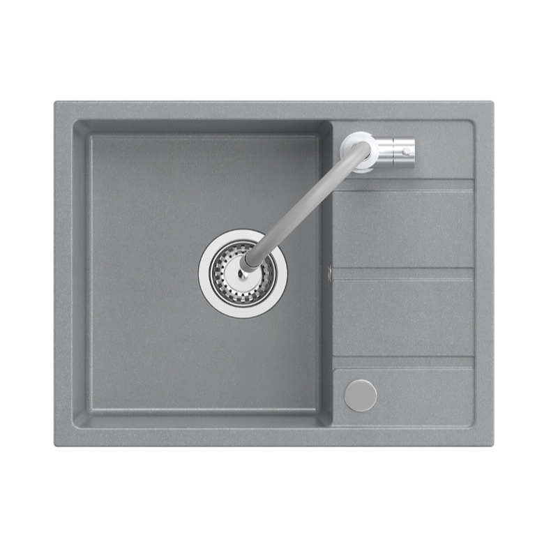 MIKE 116 zlewozmywak granitowy szary 1-komorowy z/o (56x44x17,5) + bateria z elastyczną wylewką + syfon + zaślepka+wkładka czarna rozsuwana
