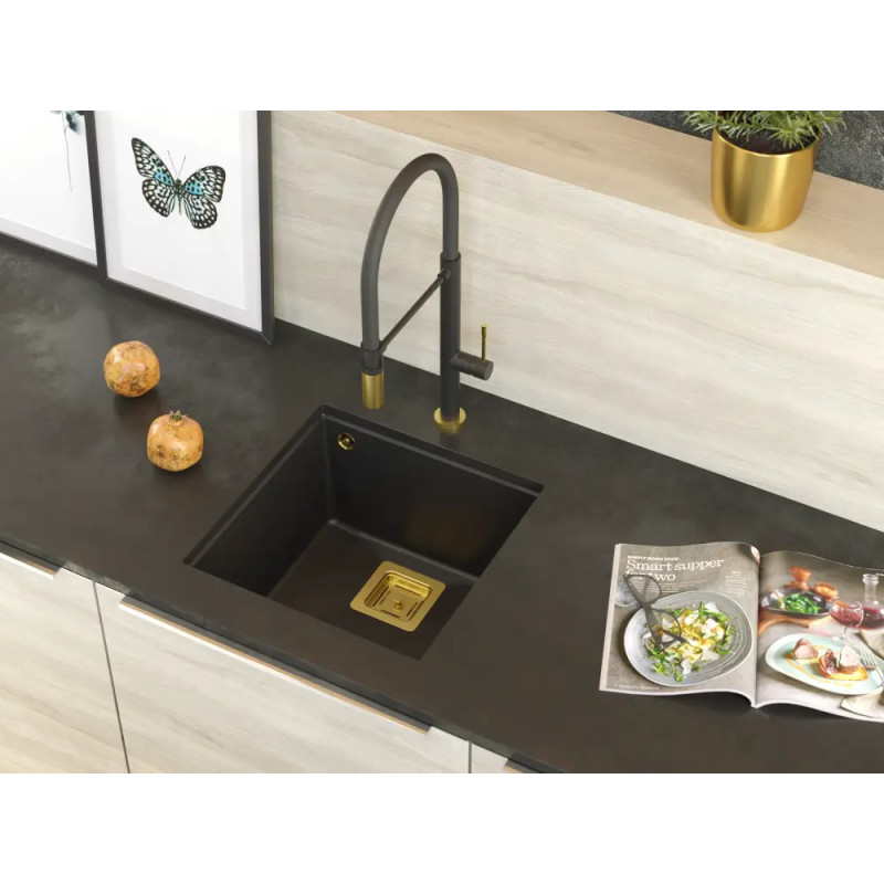 Zlewozmywak granitowy DAVID 40 – jednokomorowy, podwieszany, black diamond/elementy złote, Quadron