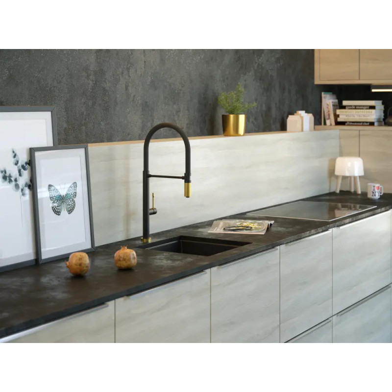 Zlewozmywak granitowy DAVID 40 – jednokomorowy, podwieszany, black diamond/elementy złote, Quadron