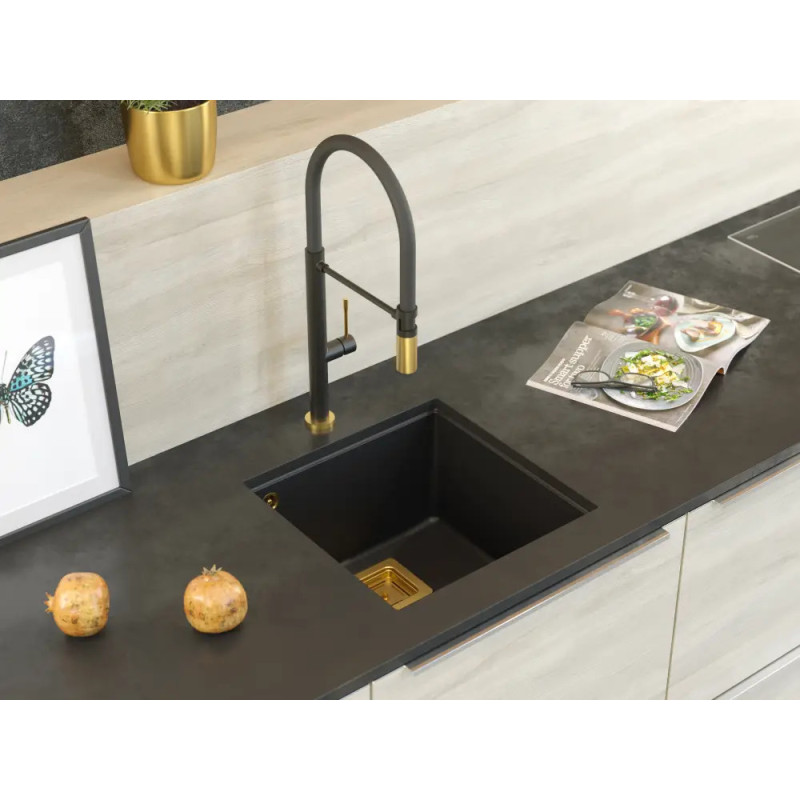 Zlewozmywak granitowy DAVID 40 – jednokomorowy, podwieszany, pure carbon/elementy miedziane, Quadron