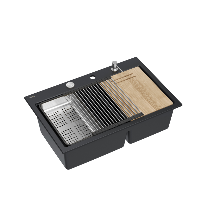 Zlewozmywak granitowy MARC 120 WORKSTATION – dwukomorowy, wpuszczany, pure carbon/elementy stalowe + AKCESORIA, Quadron