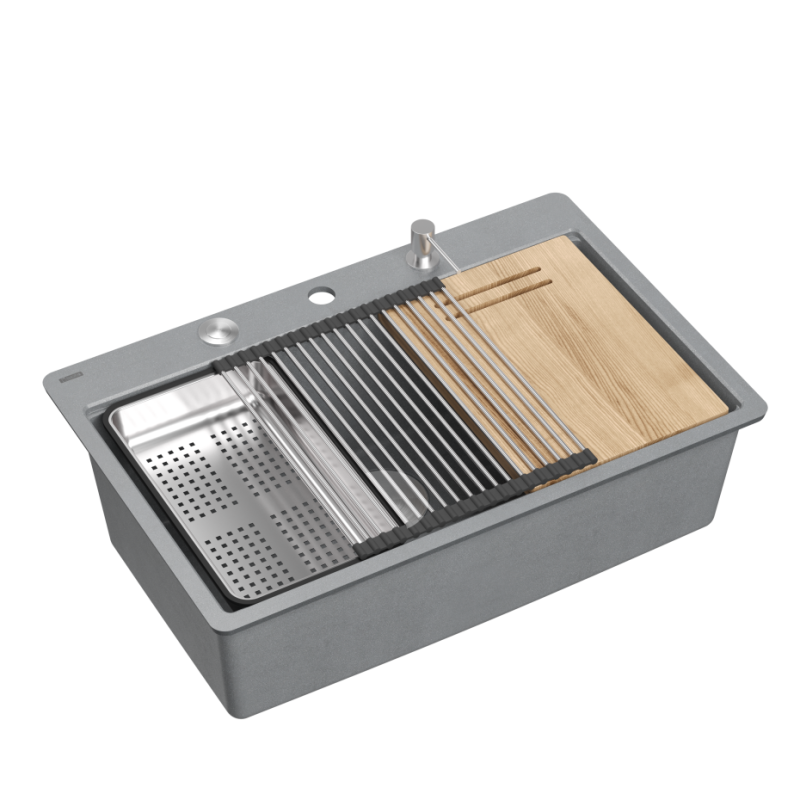 Zlewozmywak granitowy MARC 110 FM WORKSTATION – jednokomorowy, na równi z blatem, silver stone/elementy stalowe + AKCESORIA, Quadron