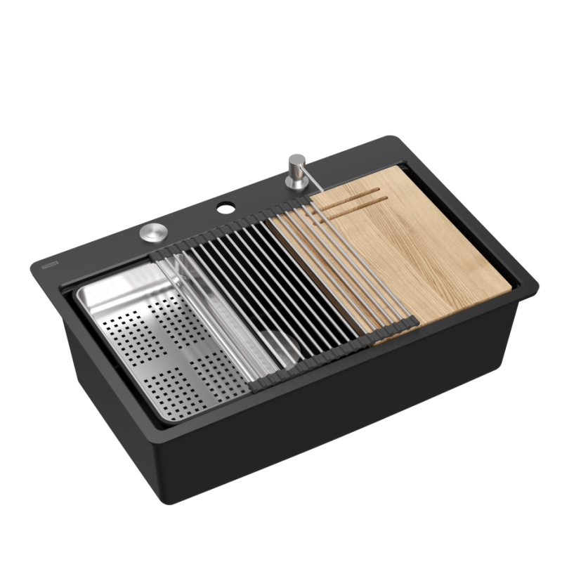 Zlewozmywak granitowy MARC 110 FM WORKSTATION – jednokomorowy, na równi z blatem, pure carbon/elementy stalowe + AKCESORIA, Quadron