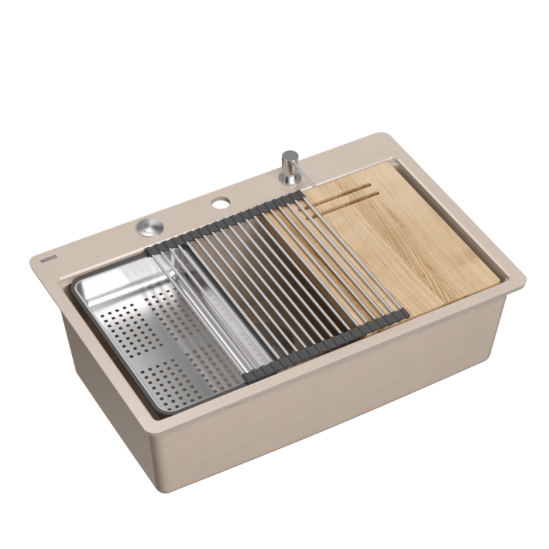 Zlewozmywak granitowy MARC 110 FM WORKSTATION – jednokomorowy, pearl beige/elementy stalowe + AKCESORIA, Quadron