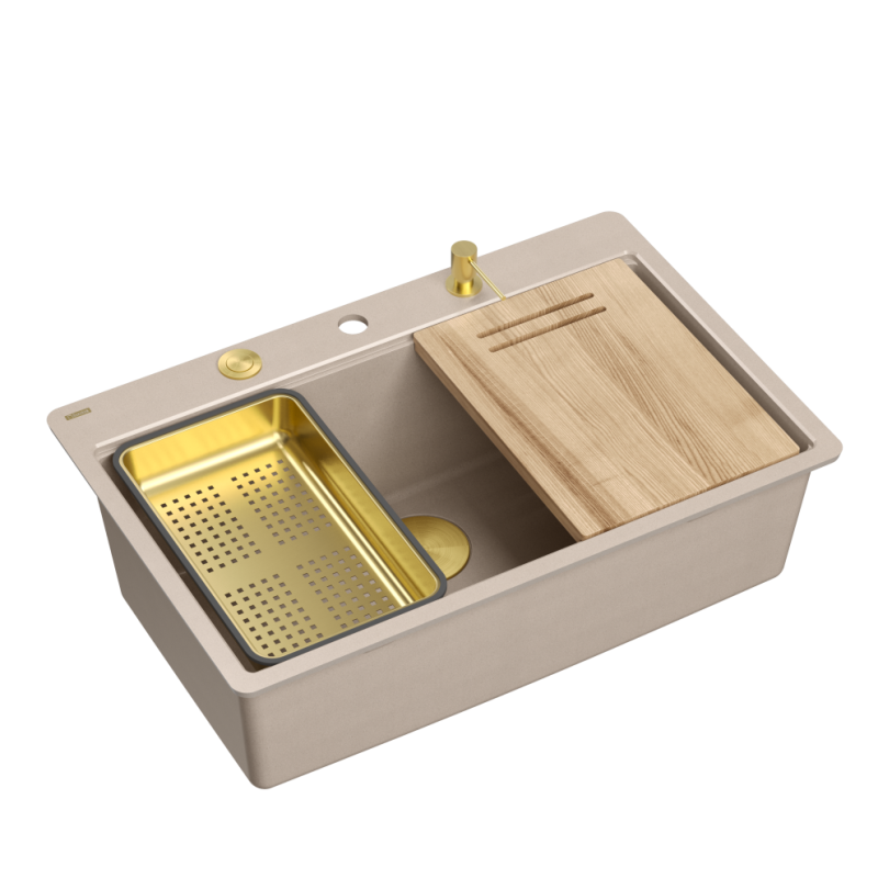Zlewozmywak granitowy MARC 110 FM WORKSTATION – jednokomorowy, pearl beige/elementy złote + AKCESORIA, Quadron