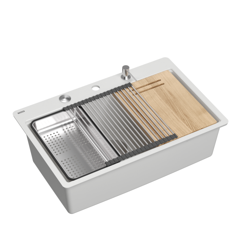 Zlewozmywak granitowy MARC 110 FM WORKSTATION – jednokomorowy, na równi z blatem, snow white/elementy stalowe + AKCESORIA, Quadron