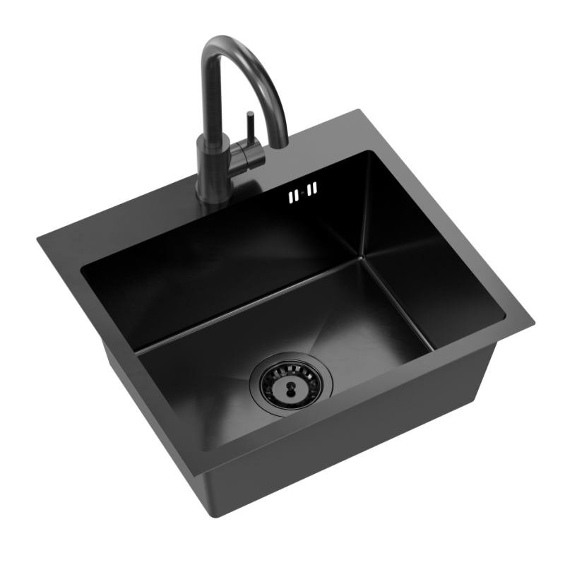 Zlewozmywak stalowy LUKE 100 + bateria ze stałą wylewką – jednokomorowy, wpuszczany, stal black metal/elementy black metal, Quadron