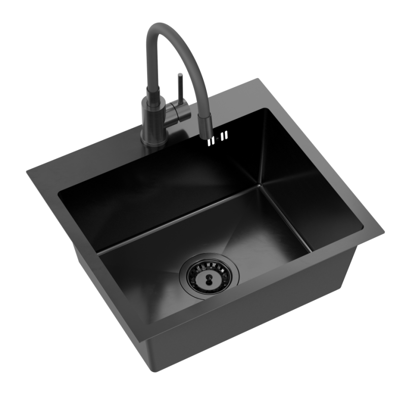 Zlewozmywak stalowy LUKE 100 + bateria z elastyczną wylewką – jednokomorowy, wpuszczany, stal black metal/elementy black metal, Quadron
