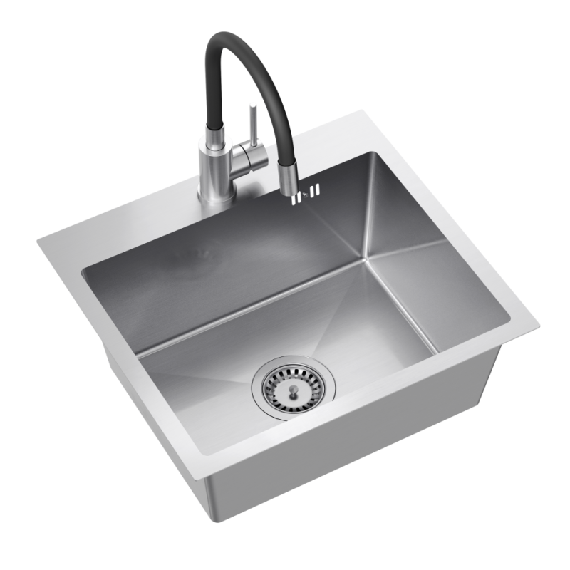 Zlewozmywak stalowy LUKE 100 + bateria z elastyczną wylewką – jednokomorowy, wpuszczany, stal szlachetna/elementy stalowe, Quadron