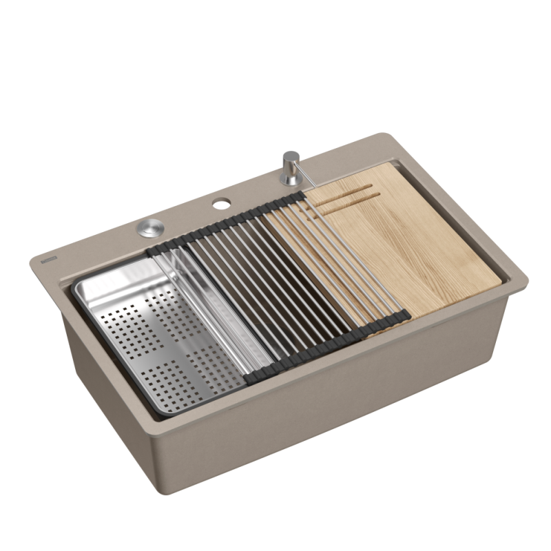Zlewozmywak granitowy MARC 110 FM WORKSTATION – jednokomorowy, na równi z blatem, soft taupe/elementy stalowe + AKCESORIA, Quadron