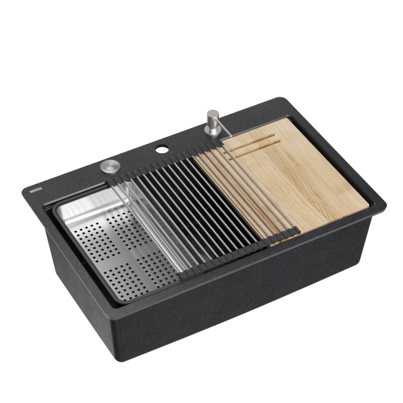 Zlewozmywak granitowy MARC 110 FM WORKSTATION – jednokomorowy, black diamond/elementy stalowe + AKCESORIA, Quadron