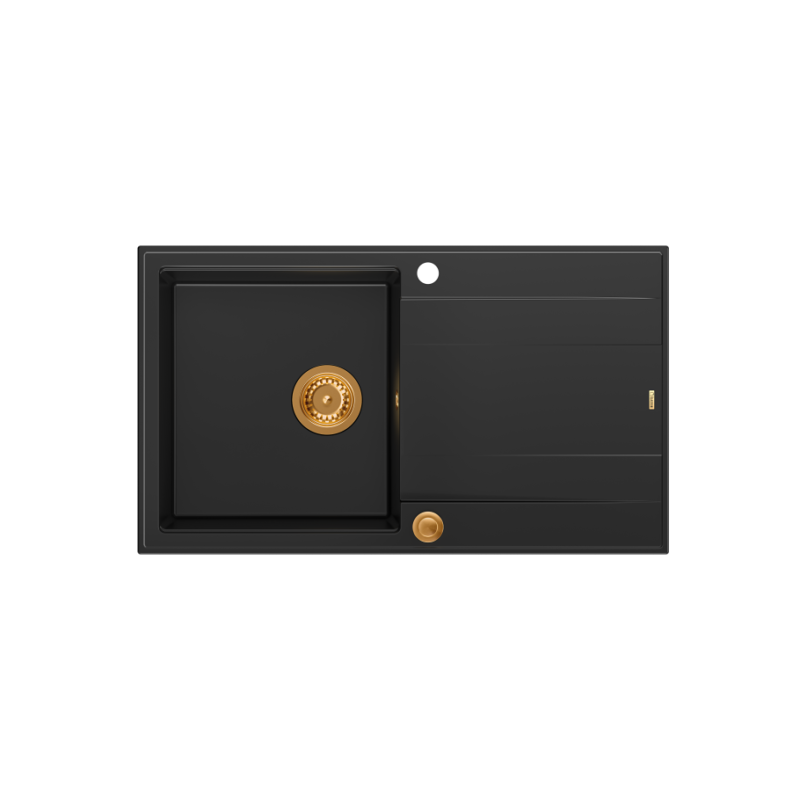 Zlewozmywak granitowy EVAN 111 – jednokomorowy, wpuszczany, pure carbon/elementy miedziane, Quadron