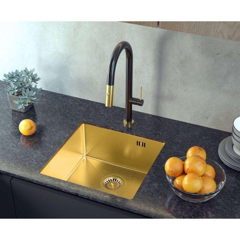 Zlewozmywak stalowy ANTHONY 50 – jednokomorowy, podwieszany/wpuszczany/na równi z blatem, stal złota/elementy złote, Quadron