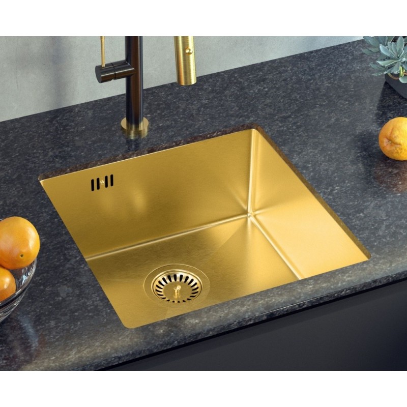Zlewozmywak stalowy ANTHONY 50 – jednokomorowy, podwieszany/wpuszczany/na równi z blatem, stal złota/elementy złote, Quadron