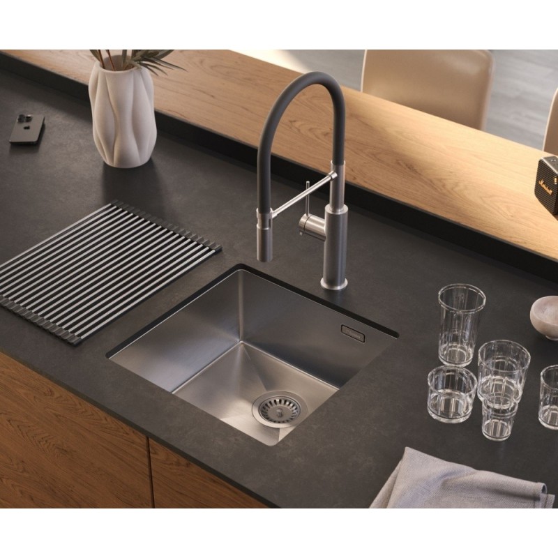 Zlewozmywak stalowy ANTHONY 50 – jednokomorowy, podwieszany/wpuszczany/na równi z blatem, stal szlachetna/elementy stalowe, Quadron