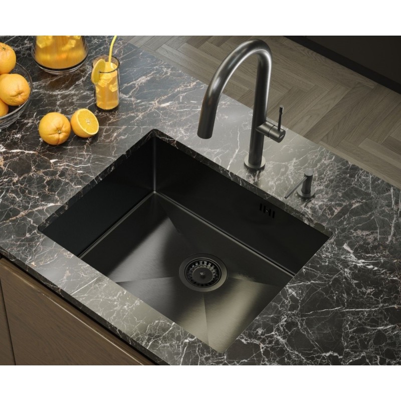 Zlewozmywak stalowy ANTHONY 60 – jednokomorowy, podwieszany/wpuszczany/na równi z blatem, stal grafitowa/elementy grafitowe, Quadron