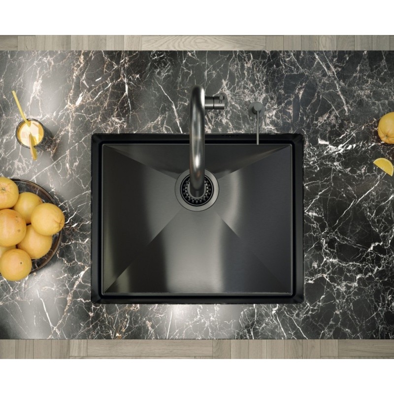 Zlewozmywak stalowy ANTHONY 60 – jednokomorowy, podwieszany/wpuszczany/na równi z blatem, stal grafitowa/elementy grafitowe, Quadron