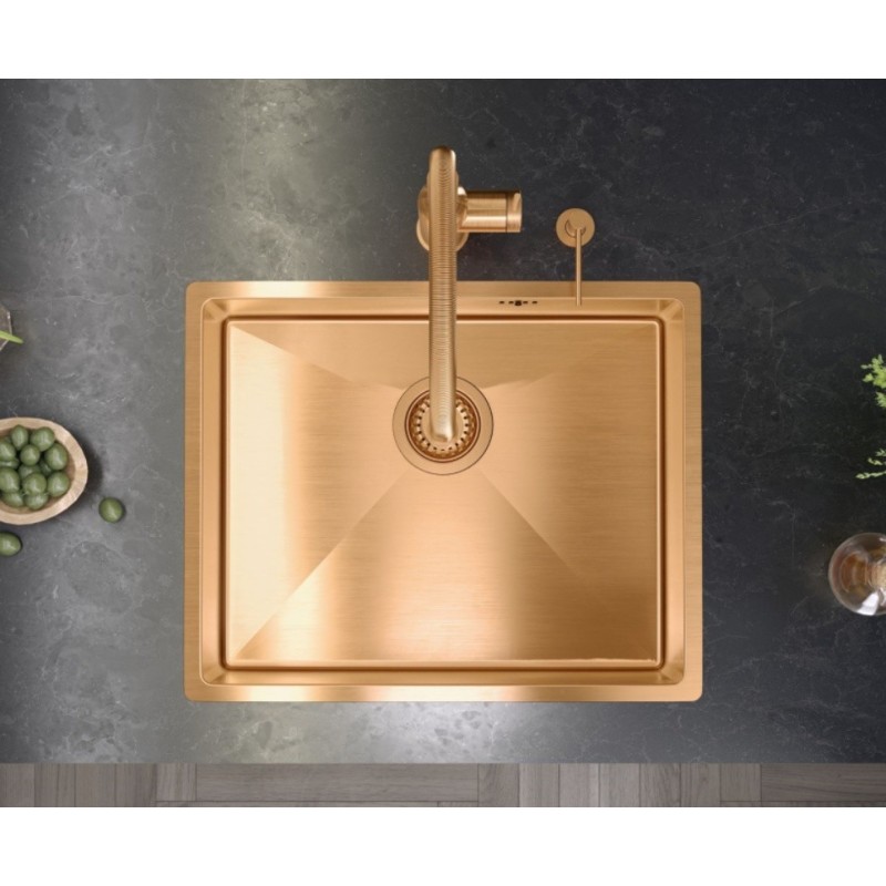 Zlewozmywak stalowy ANTHONY 60 – jednokomorowy, podwieszany/wpuszczany/na równi z blatem, stal miedziana/elementy miedziane, Quadron