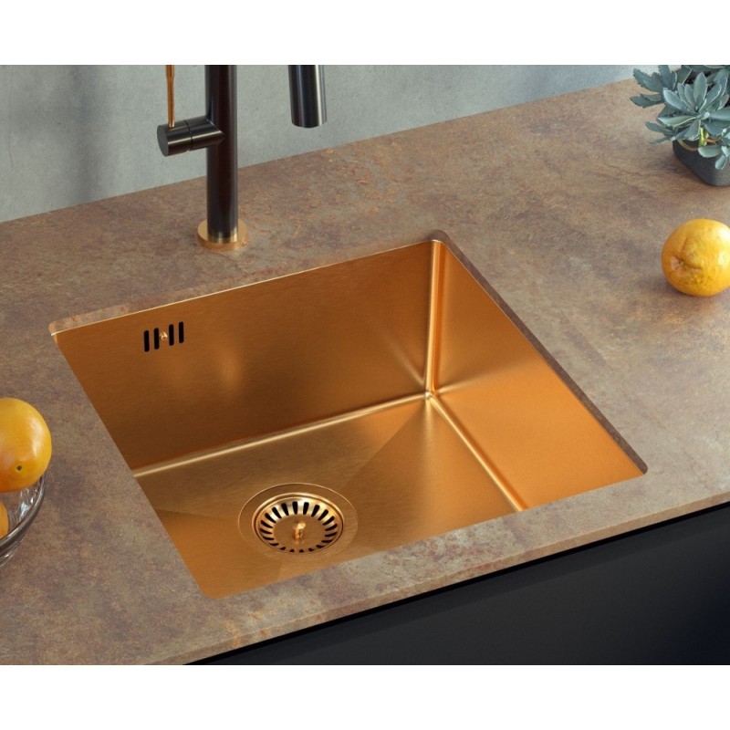 Zlewozmywak stalowy ANTHONY 60 – jednokomorowy, podwieszany/wpuszczany/na równi z blatem, stal miedziana/elementy miedziane, Quadron