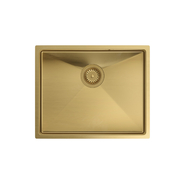 Zlewozmywak stalowy ANTHONY 60 – jednokomorowy, podwieszany/wpuszczany/na równi z blatem, stal złota/elementy złote, Quadron