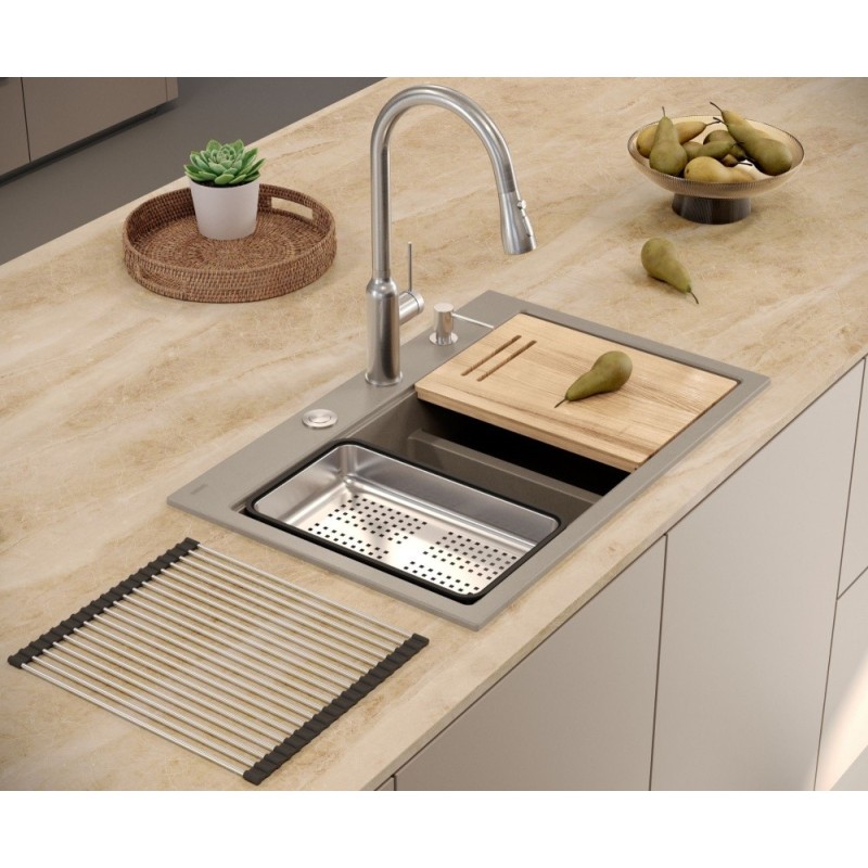 Bateria kuchenna JESSICA – stalowa SteelQ, obrotowa, wyciągana wylewka, z prysznicem, Quadron