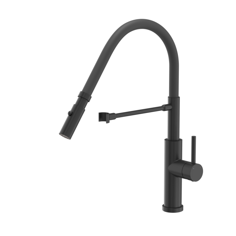 Bateria kuchenna ANDY – stalowa, pure carbon/czarny wąż, obrotowa, ruchoma wylewka, z prysznicem, Quadron