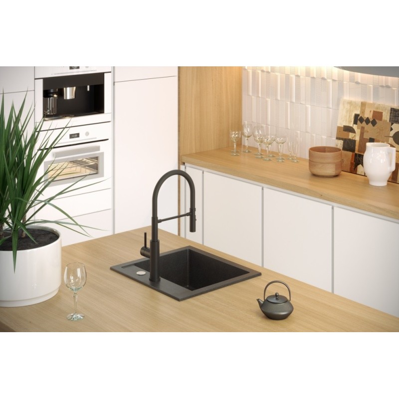 Bateria kuchenna ANDY – stalowa, pure carbon/czarny wąż, obrotowa, ruchoma wylewka, z prysznicem, Quadron