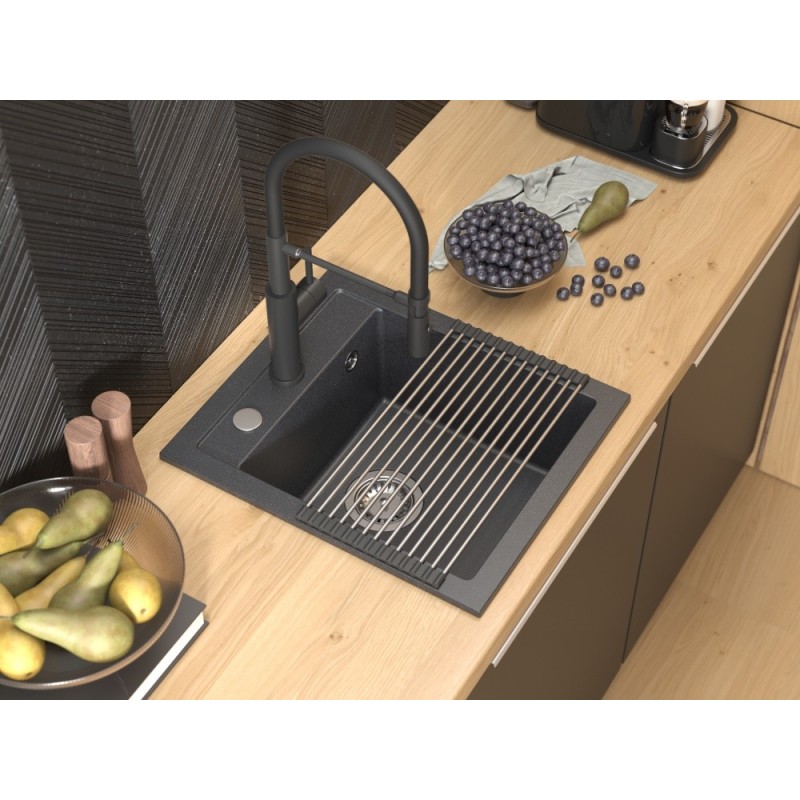 Bateria kuchenna ANDY – stalowa, pure carbon/czarny wąż, obrotowa, ruchoma wylewka, z prysznicem, Quadron